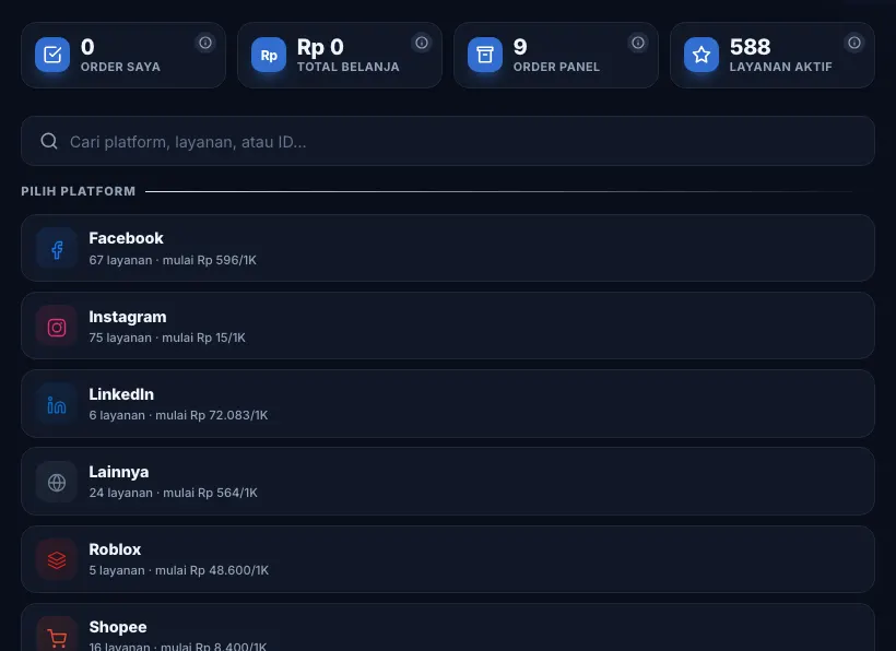 Halaman order panel demo: kartu ringkasan, kolom cari layanan, dan daftar platform Facebook, Instagram, LinkedIn